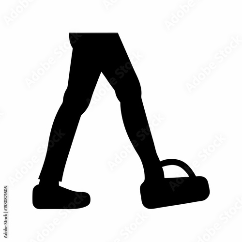 Stylized monochrome silhouette image of walking legs with sandals on white background