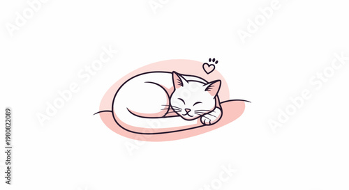 A simple, stylized illustration of a white cat sleeping curled up on a pink oval