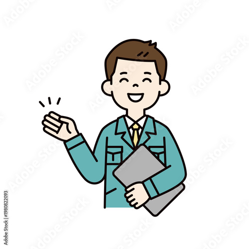 タブレットを持って笑顔で紹介・案内する、若いビジネスマン・技術者の上半身ベクターイラスト素材