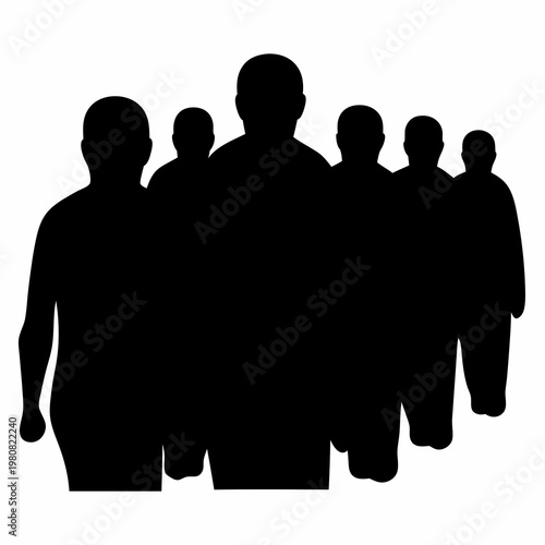 A group of silhouetted figures standing together against a white background