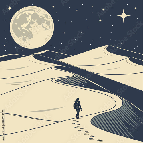 Magical Moonlight Desert Landscape Vector Illustration