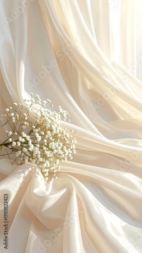 Soft, flowing white fabric with a delicate floral arrangement
