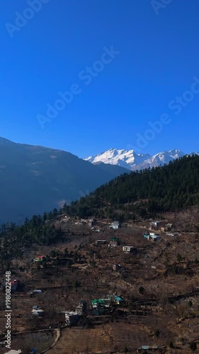 Beautiful Himachal Village With Blue Sky And Majestic Mountain Landscape Drone View