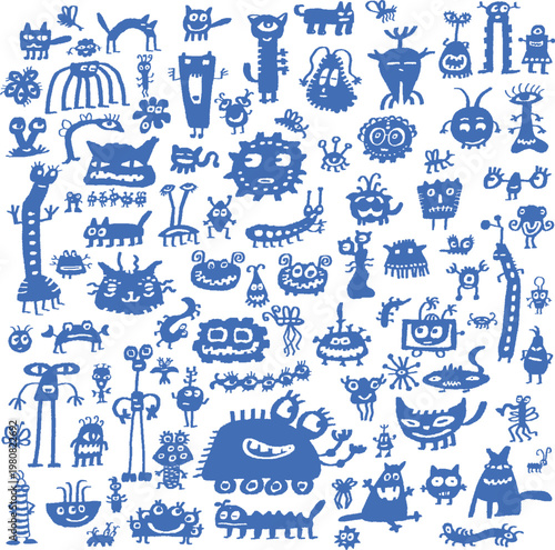 Cute Hand Drawn Cartoon Monsters Set in Blue – Doodle Creatures Collection