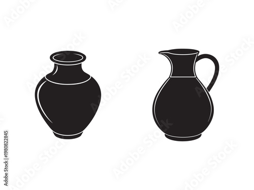Black silhouette of two ceramic jugs for storing liquids one with handle for pouring isolated on white background