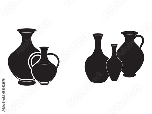 Black silhouette of various ancient clay jugs and vases on white background for design and decoration  simple graphic illustrations of pottery