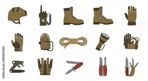 Tactical Field Equipment and Military Survival Gear Icon Set - Flat Vector Illustration