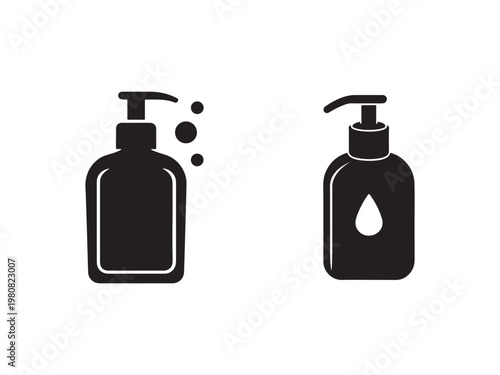Black soap dispenser bottles with and without liquid drop icon isolated on white background for hand sanitizer or lotion