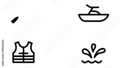Water Sport Icons: A set of four minimalist icons representing key elements of water sports and recreation, featuring a jet ski, water splash, life jacket, and a bullet symbol.