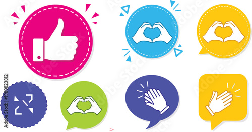 Social Media Engagement Icon Set Featuring Thumbs Up Like Symbol, Hand Heart Gestures, and Clapping Applause Signs in Colorful Speech Bubbles for Digital Communication Designs