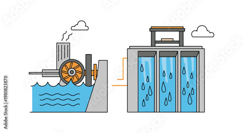 Dam Control Room Line art modern colorful shapes illustration