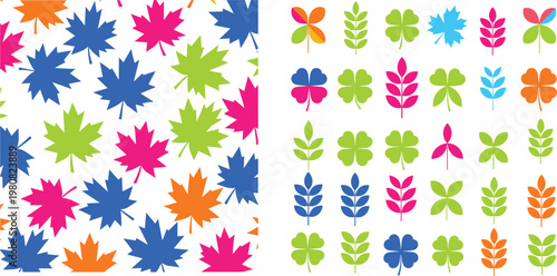 Vibrant Autumn Leaf Seamless Pattern and Botanical Icon Set Featuring Colorful Maple Leaves, Four-Leaf Clovers, and Garden Foliage Symbols for Seasonal Nature Graphic Designs