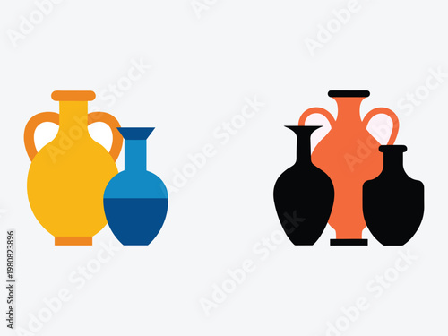 Colorful clay jugs with handles on gray background