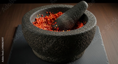 Mortar and pestle with chili peppers.