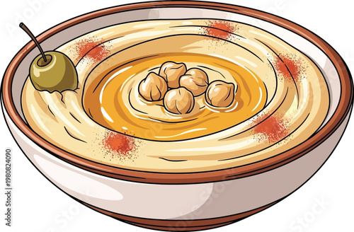 Hummus served in a bowl topped with chickpeas and paprika is ready to eat.