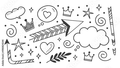A playful black‑and‑white doodle sheet featuring whimsical arrows, crowns, stars, hearts, swirls, leafy branches, clouds, and speech bubbles, all sketched in a cartoon‑style.