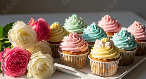 A collection of colorful cupcakes with swirl frosting and decorative roses on a tray. mother s day baking