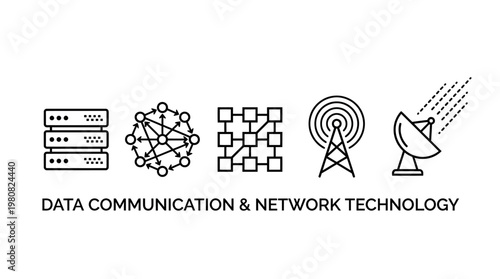 Minimalist data communication icons, monochrome clarity, professional polish, servers, blockchain networking, satellite transmission, wireless broadcasting, digital infrastructure visualization.