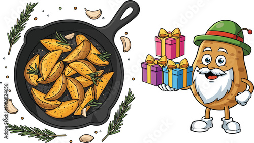 Set of Cartoon-Style Food and Character Illustrations Featuring Crispy Potato Wedges and a Cute Potato Mascot with Gifts for Holiday and Culinary Designs