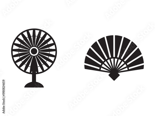 Electric fan and handheld fan icons for cooling and ventilation concepts  household appliances and tools