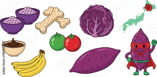Set of Cartoon-Style Healthy Food and Superhero Vegetable Illustrations for Fun, Organic, and Nutritional Design Themes