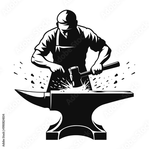 Blacksmith, working, hammering, anvil, industrial, labor, vector, illustration, metalwork