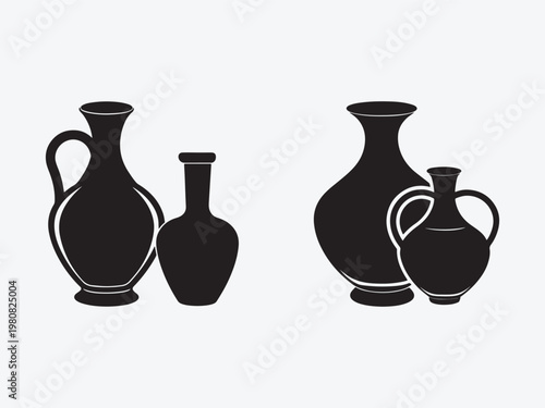 Four black silhouettes of ancient Greek style clay jugs with handles and narrow necks on gray background  various shapes and sizes