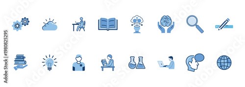 Education and learning icon set for academic research and personal development featuring students books brain concepts science experiments and creative thinking in blue minimalist style.