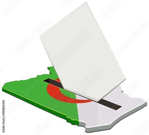 Symbolic representation of the Algerian democratic process featuring a ballot paper being inserted into a voting box shaped like the map of Algeria. (cut out)