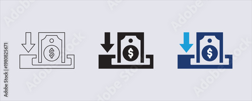 a downward arrow cash symbol, decrease, outflow of funds, cash back, reduced costs, return on investment, deposit, financial apps, accounting software, and business charts.