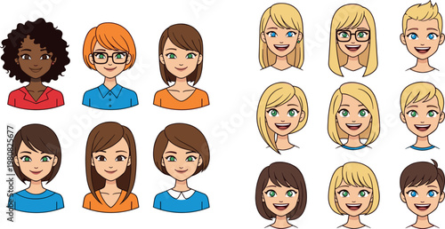 Set of female avatar faces with different hairstyles and expressions diverse cartoon women characters vector illustration collection