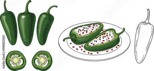 Set of Green Jalapeño Peppers and Stuffed Jalapeños with Pomegranate for Culinary, Mexican Cuisine, and Healthy Eating Themes