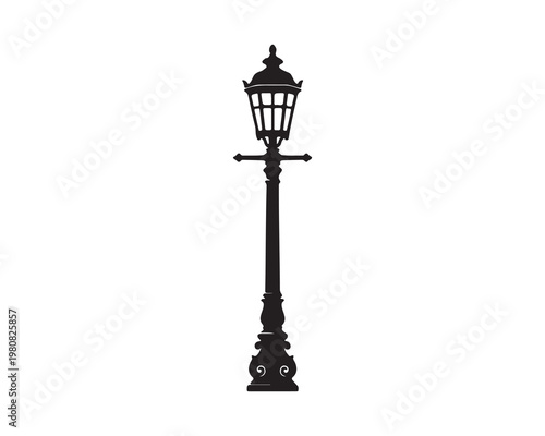 Black silhouette of vintage street lamp with ornate base, tall slender pole, lantern-style top, decorative finial, minimalist vector icon, high-contrast outdoor illustration