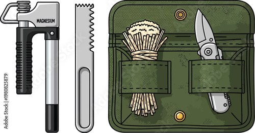 Survival kit contains a magnesium fire starter and a folding pocket knife.