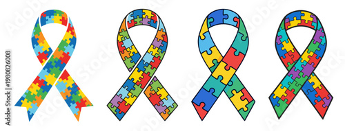 Set of four colorful puzzle awareness ribbons representing autism disorders awareness campaigns and events, flat vector on transparent background