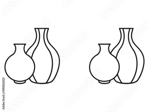 Line drawing of two sets of paired vases with different shapes and sizes in black outline on white background