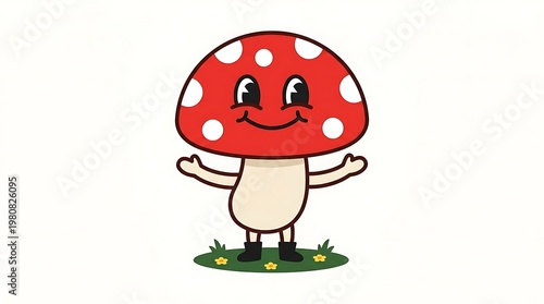 Smiling cartoon mushroom character standing.