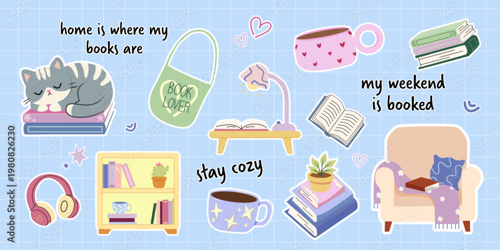 Obraz premium Set of cozy reading stickers. Cute cat sleeping on books, armchair, home library and warm drinks. Inspirational bookish quotes and phrases