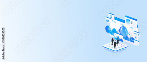 Isometric stock market dashboard data analysis with magnifying glass, financial dashboard, charts, and stock market research concept web banner.