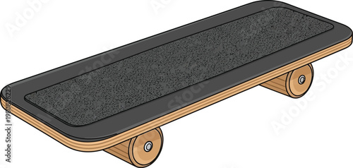 Skateboard deck with a rough black surface is ready for street maneuvers.