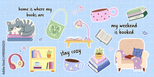 Set of cozy reading stickers. Cute cat sleeping on books, armchair, home library and warm drinks. Inspirational bookish quotes and phrases