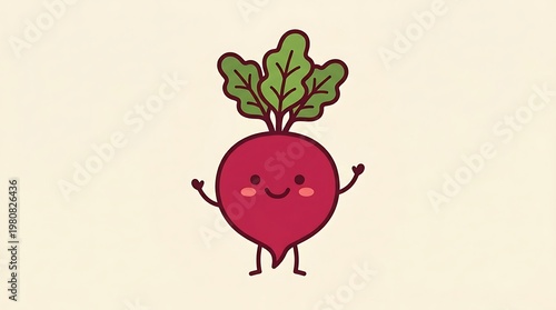 Cute cartoon beetroot character smiling.