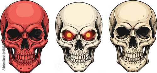 Set of Hand-Drawn Skull Illustrations with Different Styles for Halloween, Gothic, and Tattoo Design Themes