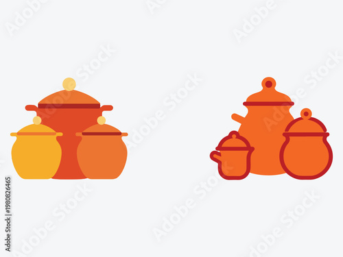 Orange kitchen pots and pans with lids in two different styles for cooking and serving food  kitchenware and tableware
