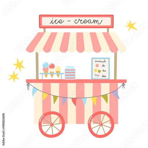 Ice cream cart vector illustration featuring a striped vintage kiosk with scoops and flags. Stylish hand-drawn doodle of a street food van. Naive minimalist summer shop isolated on white background.