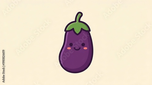 Cute cartoon eggplant character smiling.