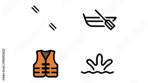 Summer Fun: Illustrated icons of aquatic activities including water splash, life jacket, oar and boat on the water .