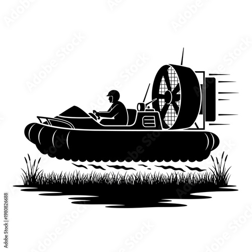 Man riding hovercraft over water with fan propulsion