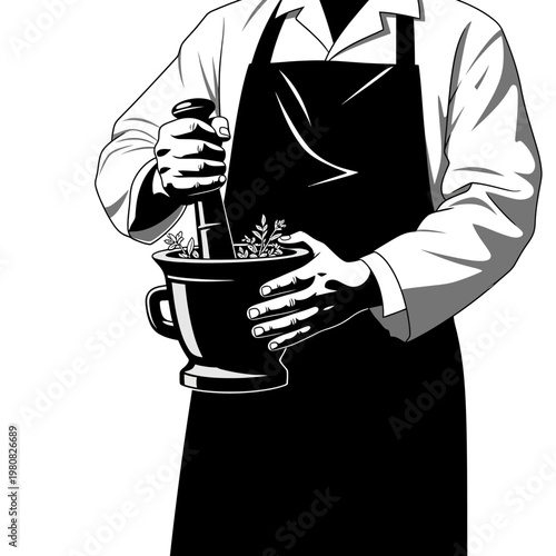 Man in apron grinding herbs