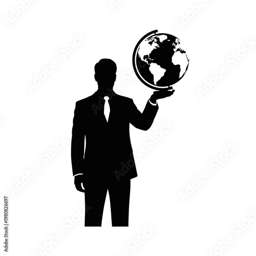 Silhouette of a businessman holding a globe in his hand.